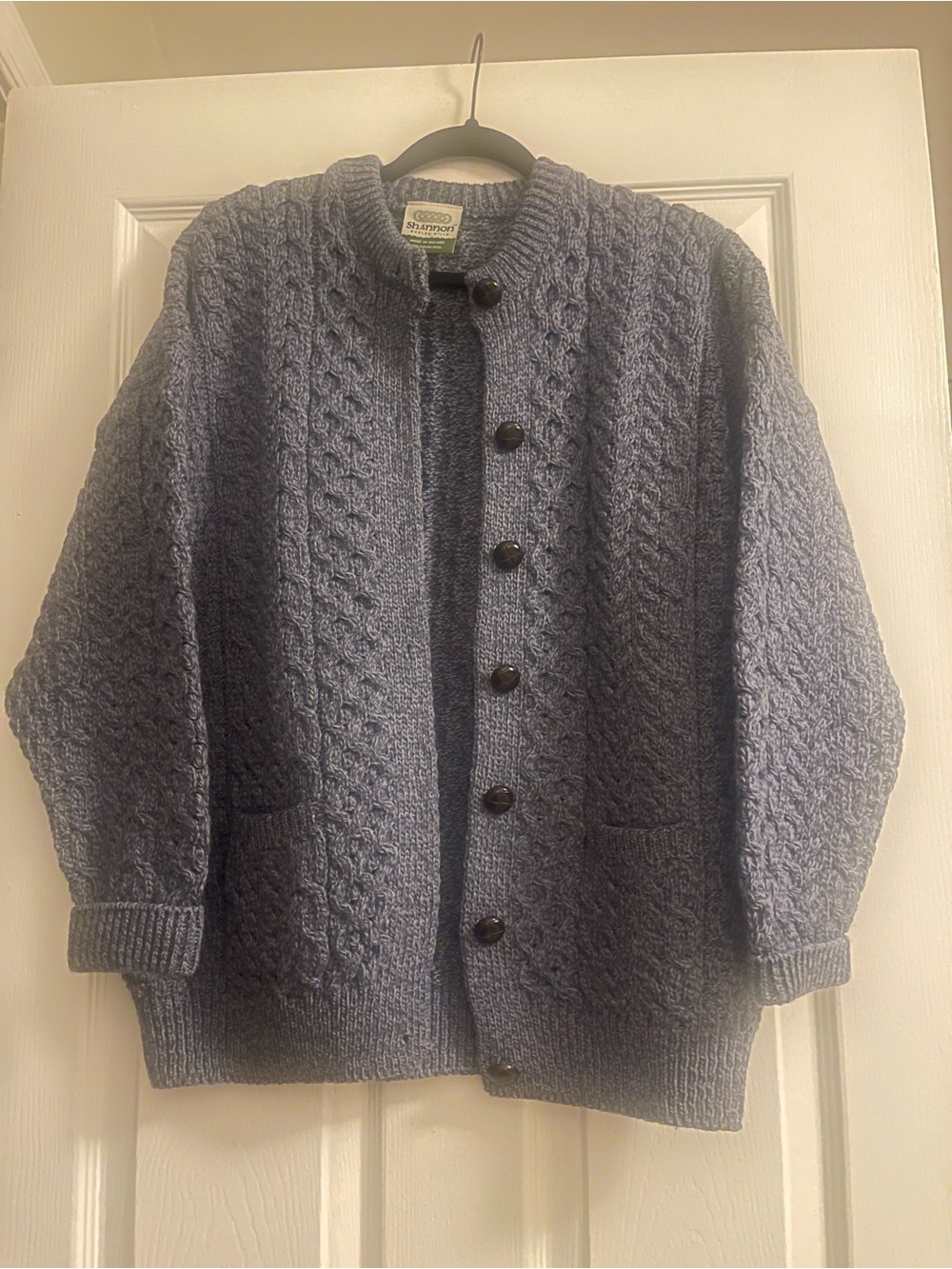 Shannon Woolen Mills Gray Merino Wool Irish Aran Cable Knit Cardigan